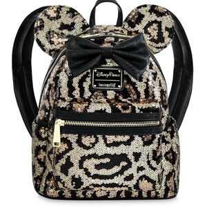 Disney Parks Loungefly Leopard Sequin Backpack with Black Bow NEW With TAG
